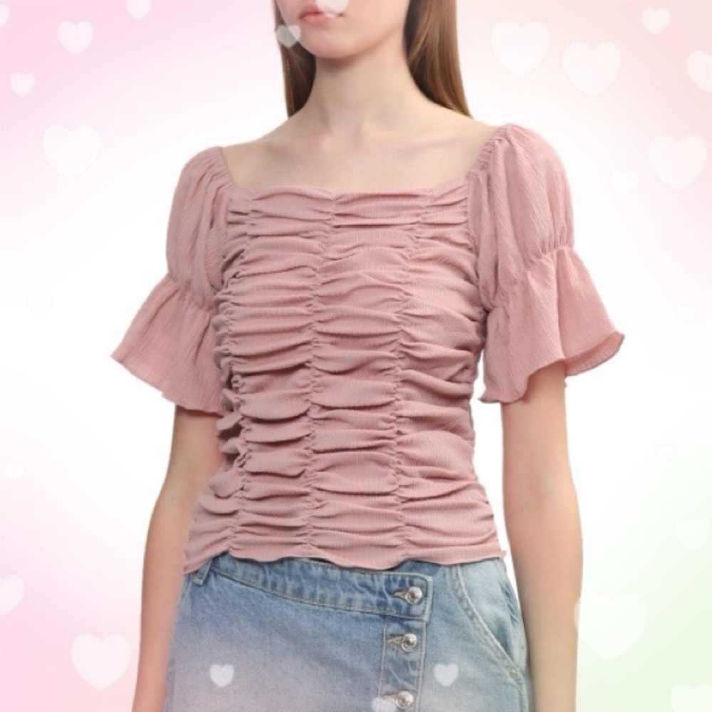 Japan Import Girly Pink Square Neck Ruffle Top